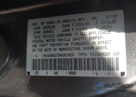 2008 Acura Tl 3.2 from USA, damaged, VIN 19UUA66278A001826